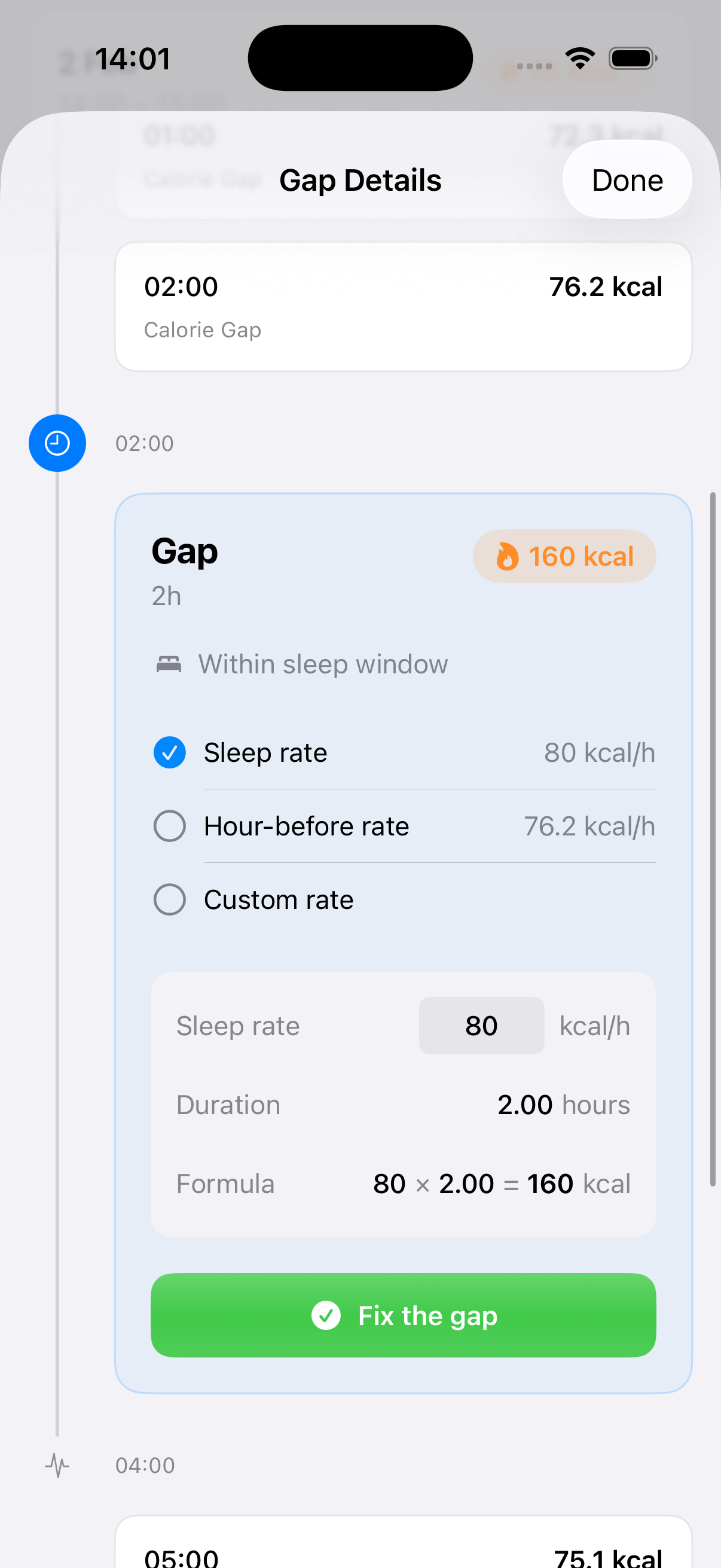 Gap Details screen showing the estimation formula and fix button
