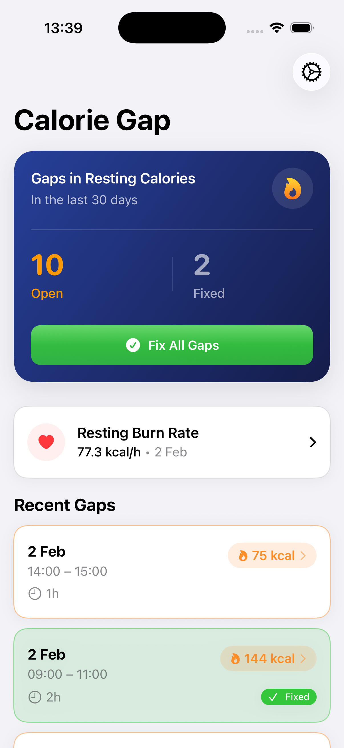 Calorie Gap main screen showing detected gaps in resting energy data