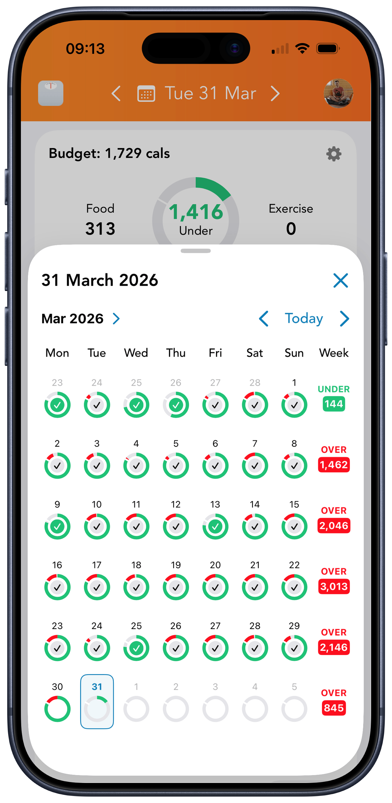 Lose It weekly and monthly calorie progress