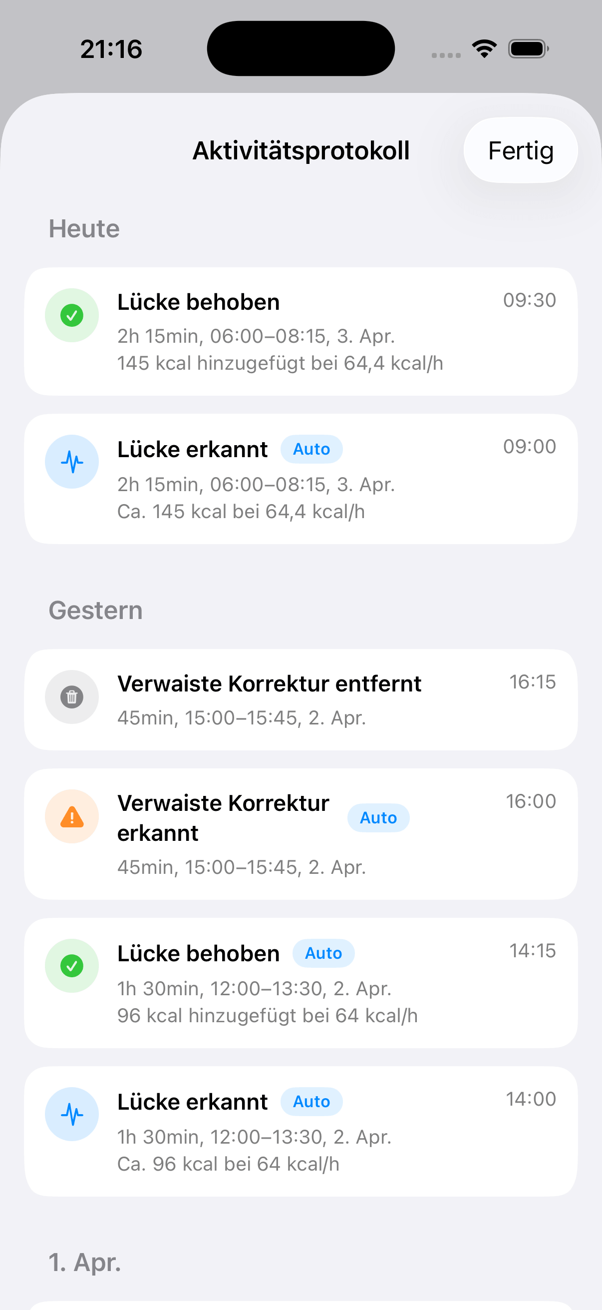 Aktivitätsprotokoll mit allen vorgenommenen Korrekturen