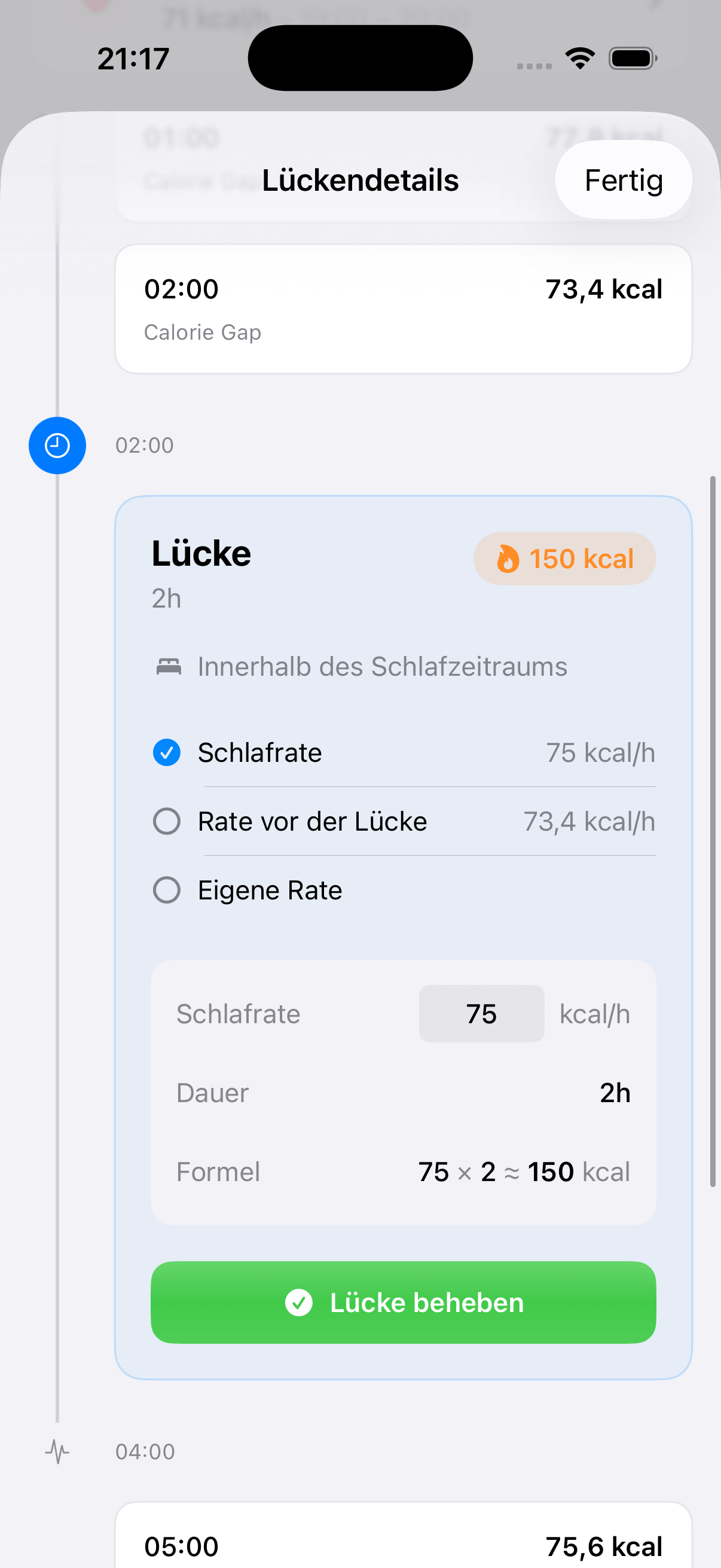 Detailansicht einer Lücke mit Berechnungsformel und Schaltfläche „Beheben“