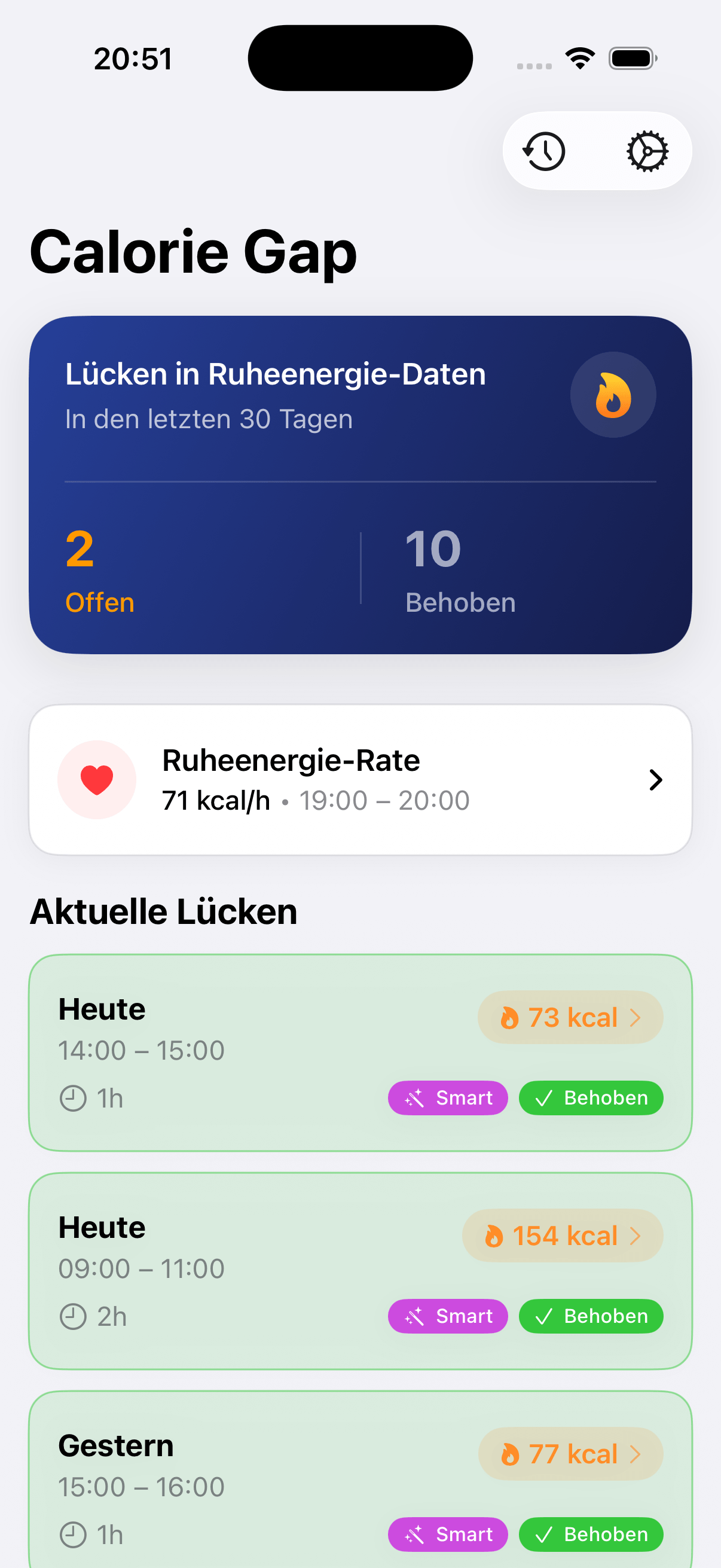 Hauptbildschirm von Calorie Gap mit erkannten Lücken in den Ruheenergie-Daten