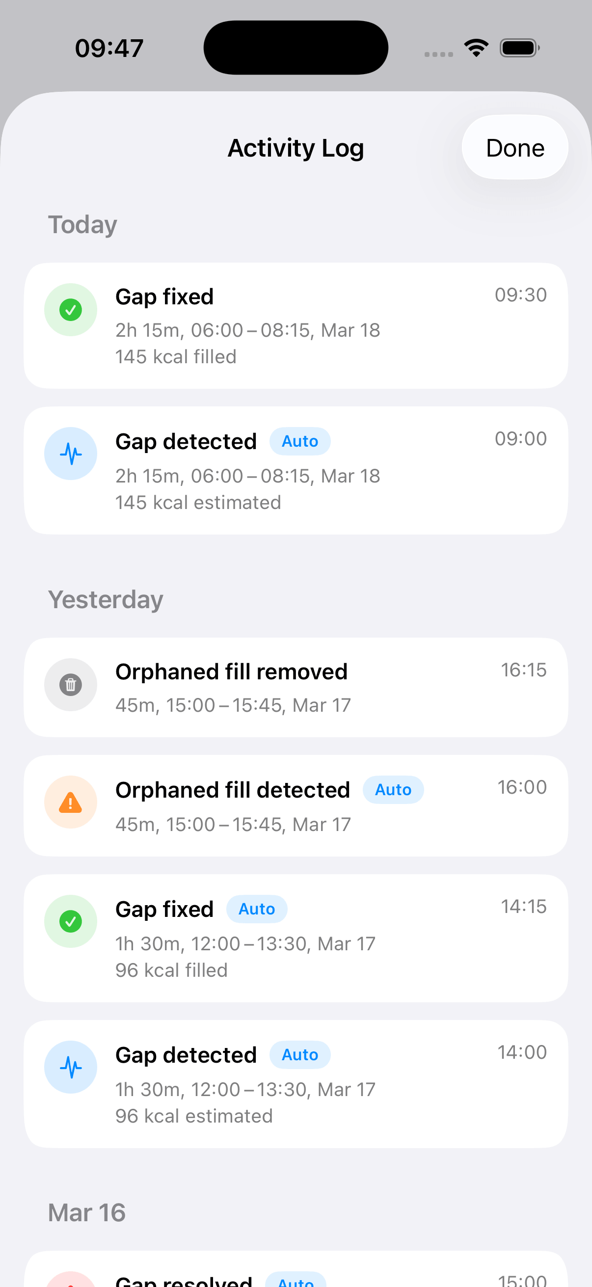Activity log screen showing a history of all corrections made