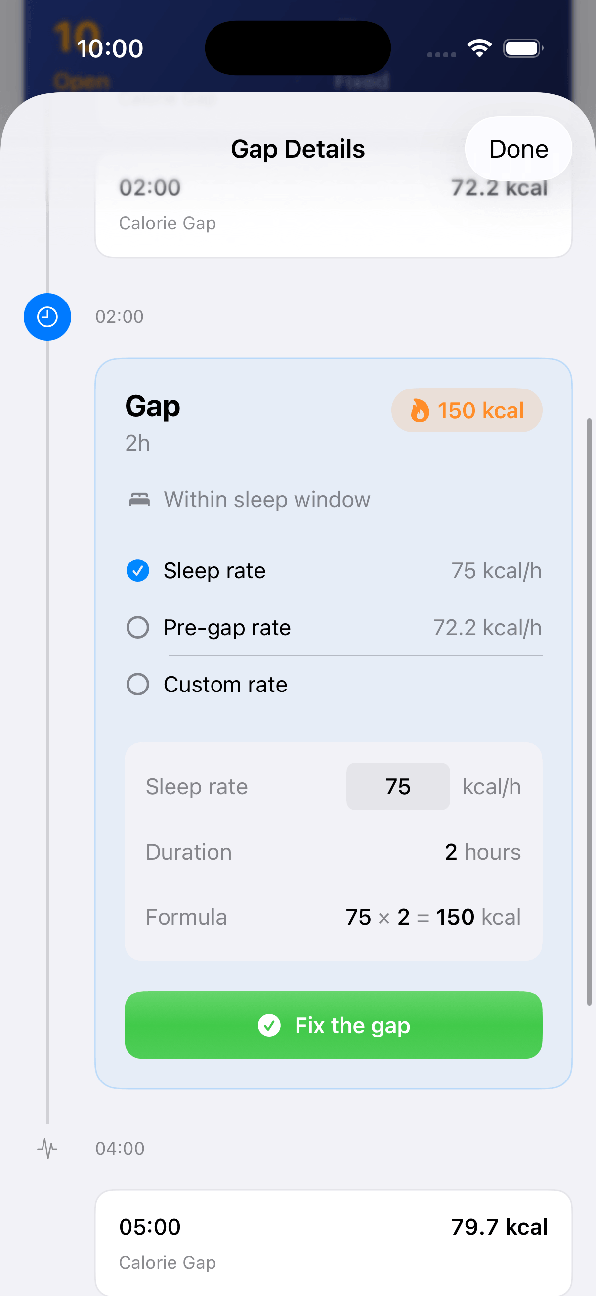 Gap details screen showing the estimation formula and fix button