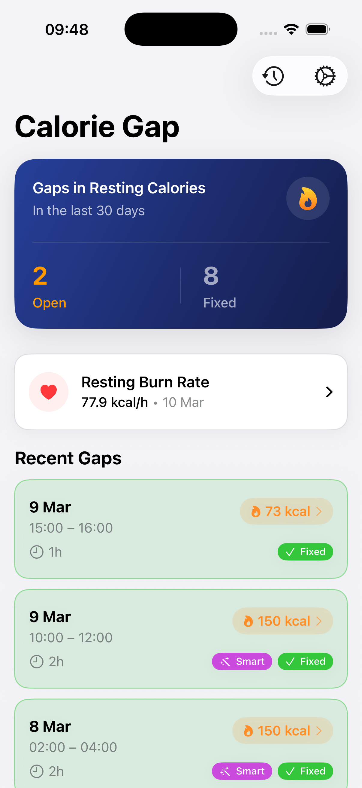 Calorie Gap main screen showing detected gaps in resting energy data