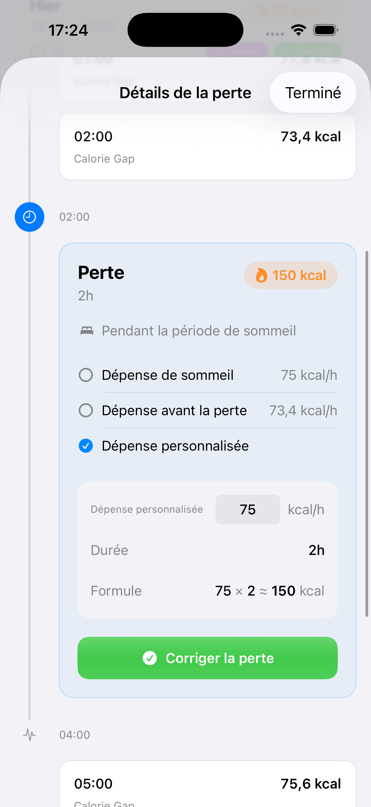 Écran de détails d’une perte avec la formule de calcul et le bouton « Corriger »