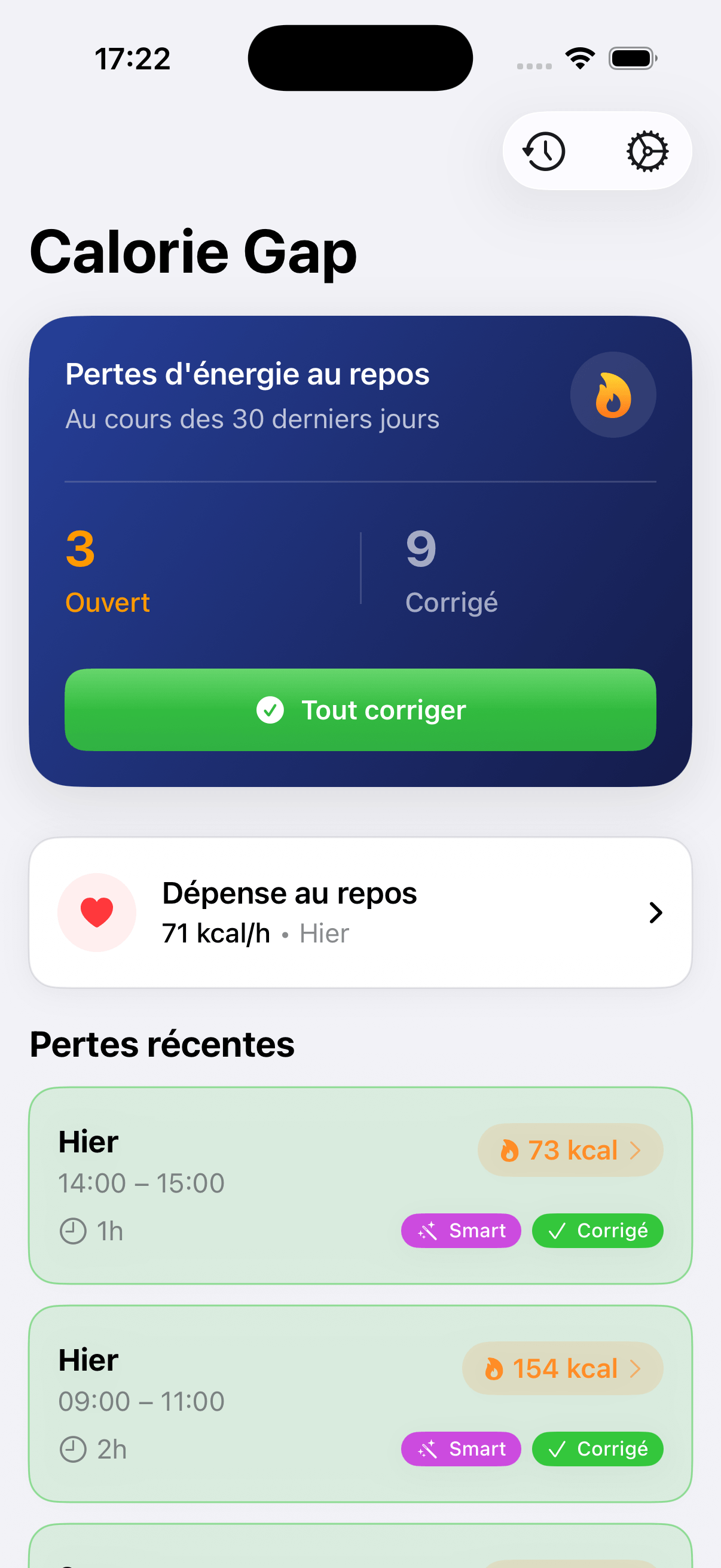 Écran principal de Calorie Gap montrant les pertes détectées dans les données d’énergie au repos