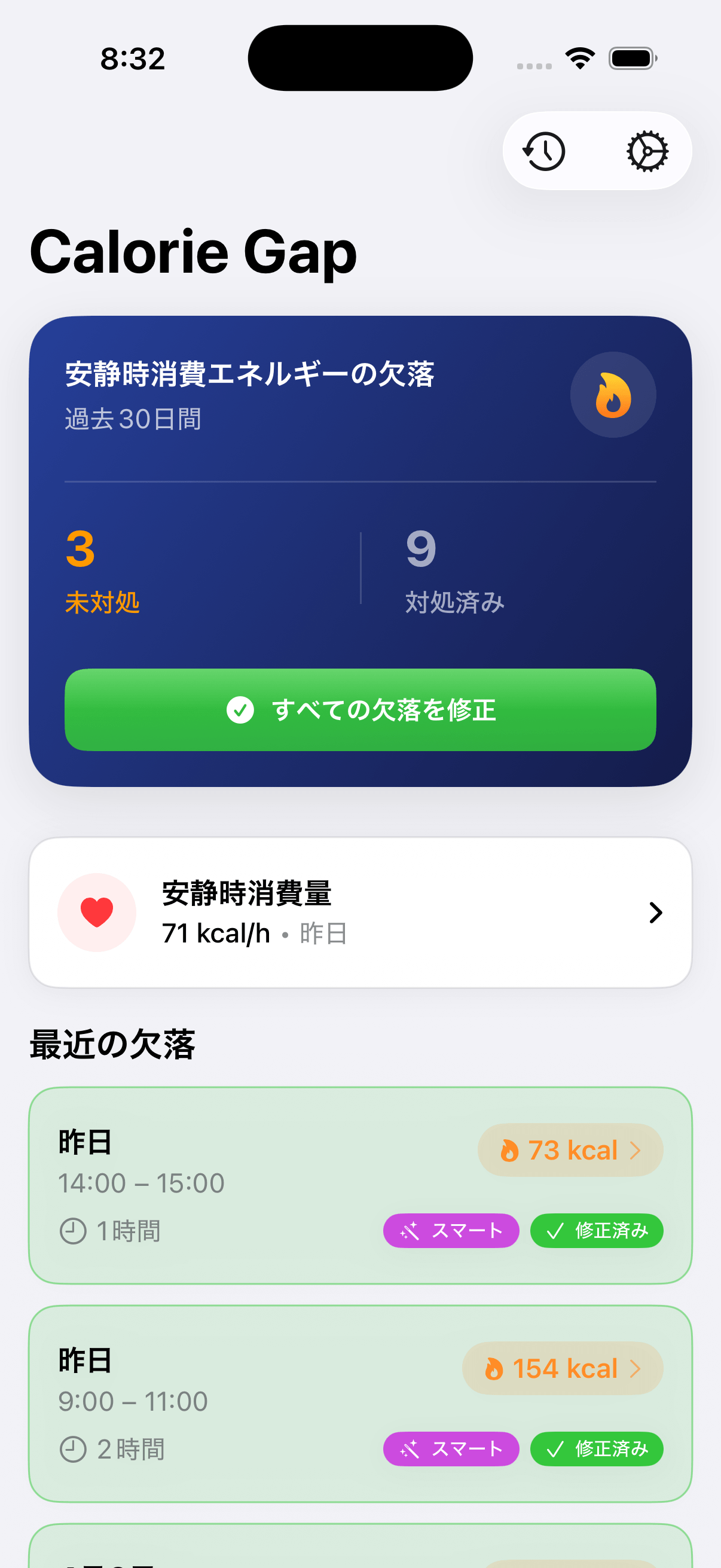 Calorie Gapのメイン画面 — 安静時消費エネルギーの欠落を表示
